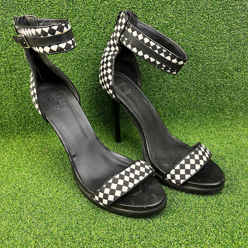 Beau & Ashe Checkered Ankle Strap High Heel Sandals Black White Women’s Size 11